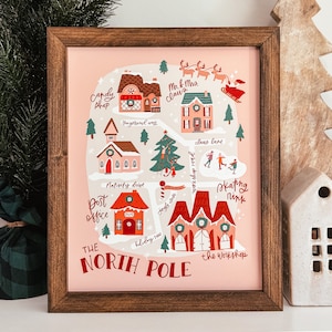 Panneau en bois de Noël carte du pôle Nord, panneau de Noël rose, jolie décoration de Noël, décoration d'intérieur de Noël, enseigne encadrée de Noël