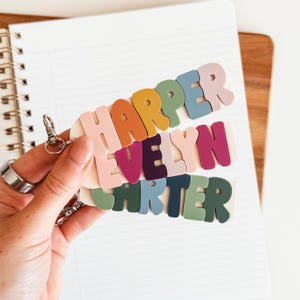 May include: Three stacked keychains featuring the names HARPER, EVELYN, and CARTER in raised, multi-coloured, bubble-style letters. Each keychain is attached to a silver-toned metal lobster clasp, showcasing a variety of muted tones including pink, orange, yellow, green, blue, purple, and dark red.