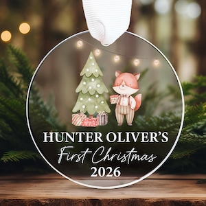 Baby's First Christmas Ornament, Personalized Baby Ornament 2026, Clear Custom Newborn Ornament, Baby Christmas Gift, Woodland Baby Ornament image 1