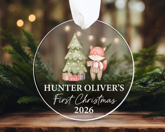 Baby's First Christmas Ornament, Personalized Baby Ornament 2026, Clear Custom Newborn Ornament, Baby Christmas Gift, Woodland Baby Ornament