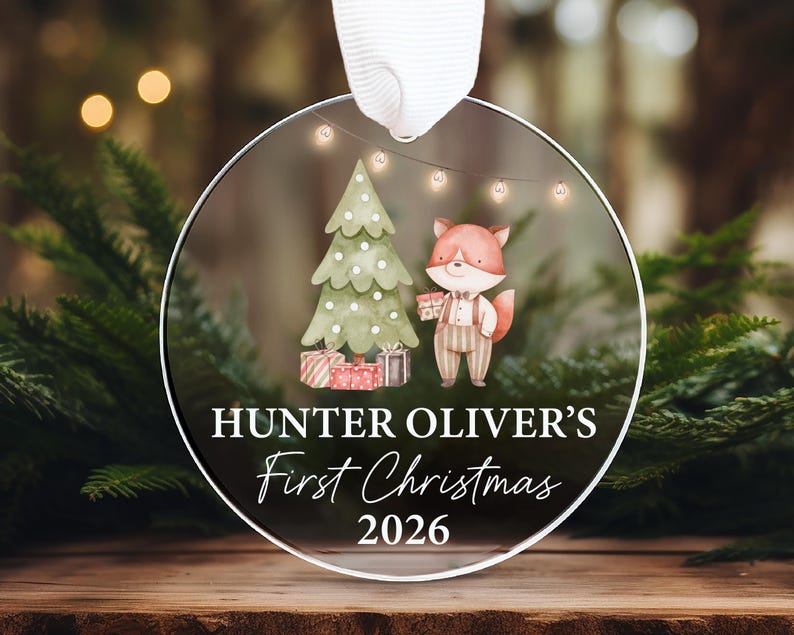 Baby's First Christmas Ornament, Personalized Baby Ornament 2026, Clear Custom Newborn Ornament, Baby Christmas Gift, Woodland Baby Ornament image 1
