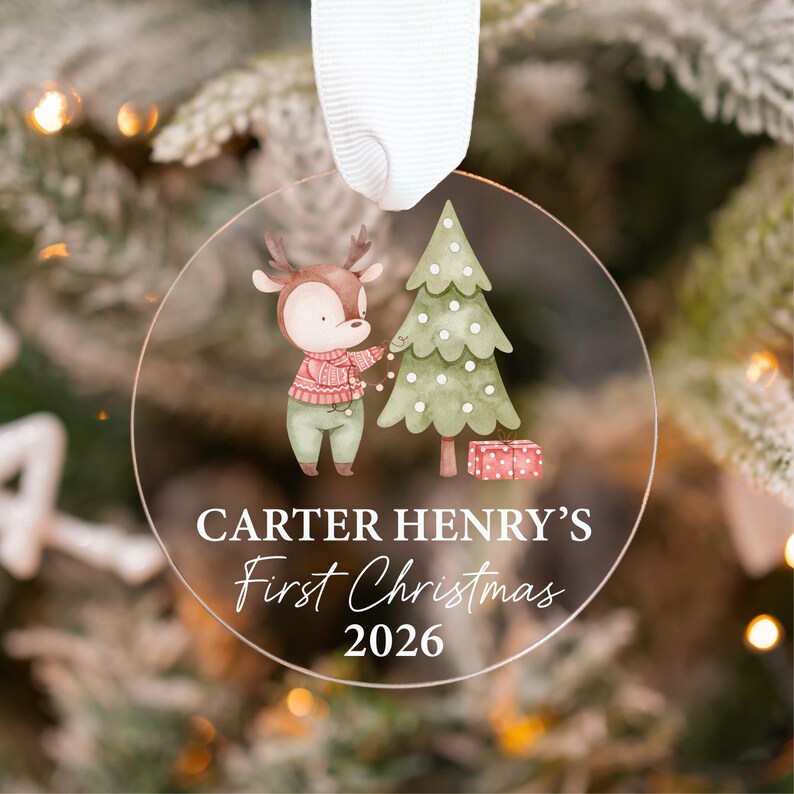 Baby's First Christmas Ornament, Personalized Baby Ornament 2026, Clear Custom Newborn Ornament, Baby Christmas Gift, Woodland Baby Ornament Reindeer