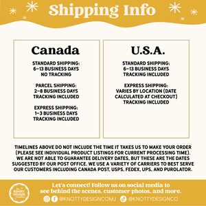 May include: A yellow and white graphic with the text "Shipping Info" in black. The graphic is divided into two sections, one for Canada and one for the U.S.A. Each section lists shipping options with estimated delivery times and whether tracking is included.