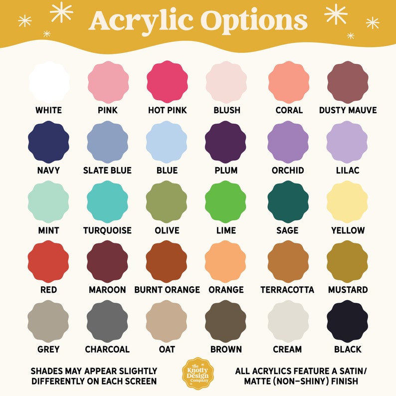 Puede incluir: Una tabla de colores de pintura acr&iacute;lica con nombres para cada color. Los colores est&aacute;n dispuestos en filas y columnas. Los colores incluyen blanco, rosa, rosa intenso, rubor, coral, malva polvoriento, azul marino, azul pizarra, azul, ciruela, orqu&iacute;dea, lila, menta, turquesa, oliva, lima, salvia, amarillo, rojo, granate, naranja quemado, naranja, terracota, mostaza, gris, carb&oacute;n, avena, marr&oacute;n, crema y negro. El texto "Los tonos pueden aparecer ligeramente diferentes en cada pantalla" est&aacute; en la parte inferior de la tabla. El texto "Todos los acr&iacute;licos presentan un acabado satinado/mate (no brillante)" est&aacute; en la parte inferior de la tabla.