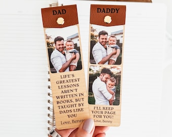 Personalized Photo Bookmark for Dad or Grandpa, Photo Strip Bookmark, Wood and Leather Bookmark, Laser Engraved Bookmark, Father's Day Gift