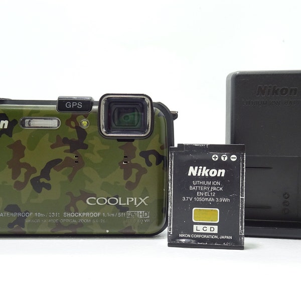 Nikon COOLPIX AW100 16.0MP Digital Camera - Camouflage with Battery & Charger.