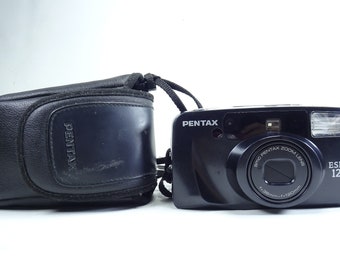 Pentax Espio 120 Black - Cámara vintage compacta de apuntar y disparar con película de 35 mm y estuche.