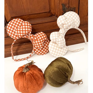 May include: Two pairs of checkered fabric mouse ears headbands in orange and white and beige and white. Three velvet pumpkins in orange, green, and brown.
