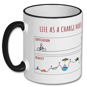 May include: White ceramic mug with a black handle and rim. The mug features the text "LIFE AS A CHARGE NURSE" in red, along with a humorous graphic depicting the expectations versus the reality of the job.