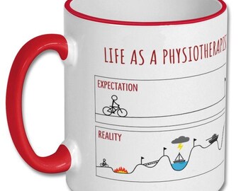 May include: White ceramic mug with a red handle and rim. The mug features the text "LIFE AS A PHYSIOTHERAPIST" and a humorous illustration comparing expectations to reality, including a cyclist and a boat.