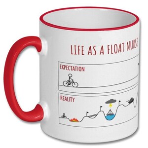 May include: White ceramic mug with a red handle and rim. The mug features the text "LIFE AS A FLOAT NURSE" in red, along with a humorous illustration comparing expectations and reality, including a cyclist and a boat.