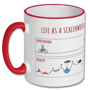 May include: White ceramic mug with a red handle and rim. The mug features the text "LIFE AS A SCREENWRITER" and a graphic comparing expectations to reality, including a cyclist, fire, and a boat.