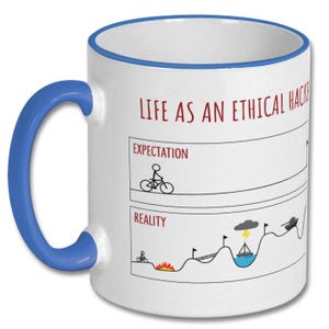 May include: White ceramic mug with a blue handle and rim. The mug features the text "LIFE AS AN ETHICAL HACKER" in red, with a humorous comparison of expectations versus reality, illustrated with stick figures and symbols.