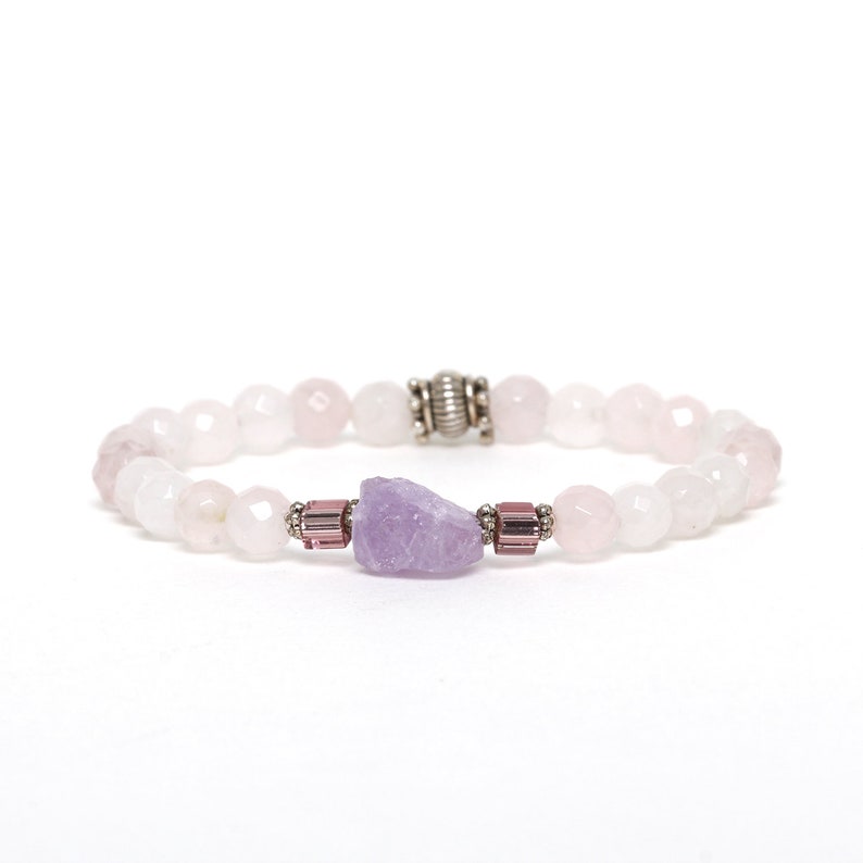 February Birthstone Bracelet Natural Rose Quartz Bracelet,Heart Chakra Bracelet,Raw Amethyst Bracelet,Healing Bracelet,Gift for her