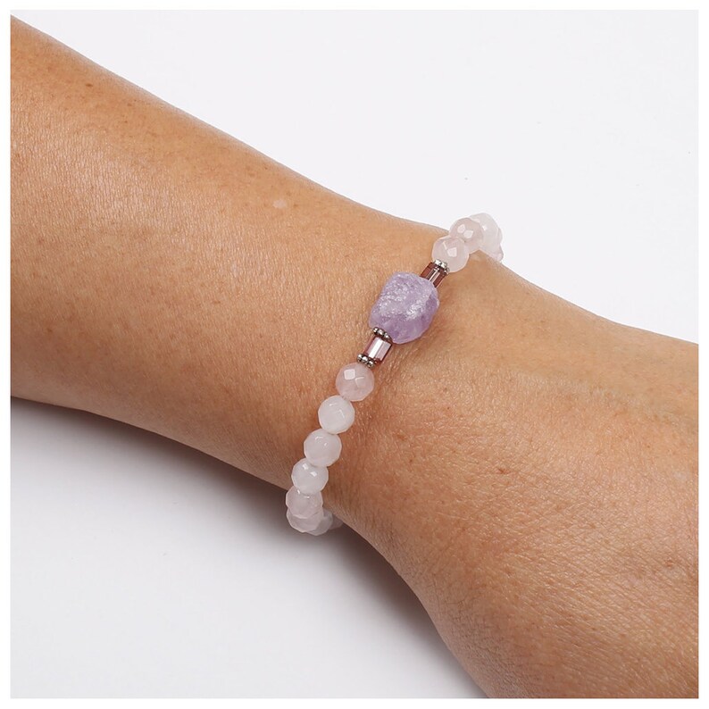 February Birthstone Bracelet Natural Rose Quartz Bracelet,Heart Chakra Bracelet,Raw Amethyst Bracelet,Healing Bracelet,Gift for her