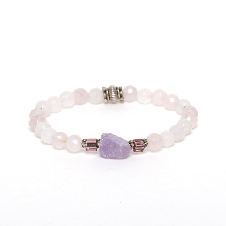 February Birthstone Bracelet Natural Rose Quartz Bracelet,Heart Chakra Bracelet,Raw Amethyst Bracelet,Healing Bracelet,Gift for her