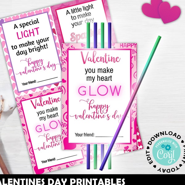 Valentine's Day Glow Stick Tags, Glow Stick Favor Tags, Valentines Day Kids, Valentine's Day Cards, Valentines Tags, Valentines Day Exchange