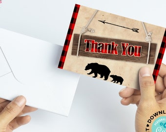 Lumberjack Thank You Card, Buffalo Plaid Thank You Card, Lumberjack Baby Shower Thank You Note, Buffalo Plaid Thank You, Editable Thank You