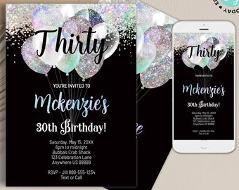 Glitter Birthday Party Invitation, Sparkle Birthday Party Invitation, Any Age Glitter Birthday Invitation, Iridescent Birthday Invite