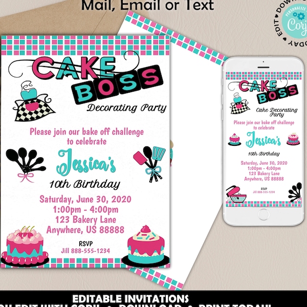 Cake Decorating Party Invitation, Cake Boss Birthday Party Invitation, Girls Baking Birthday Invitation, Bake Off Printable Corjl Invitation