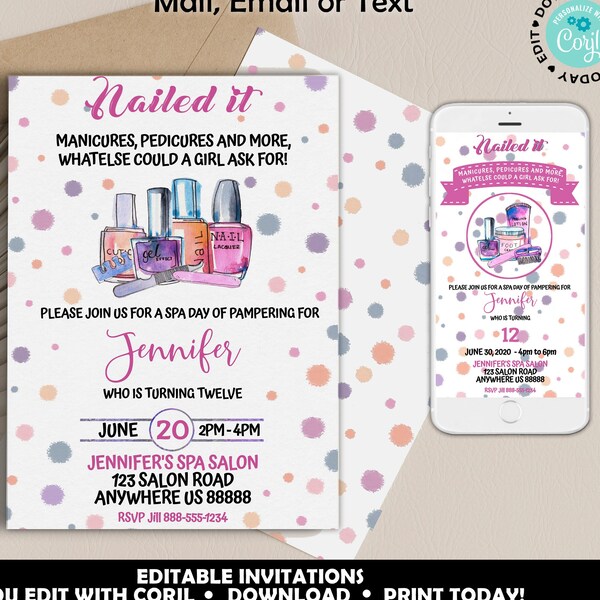 EDITABLE Salon Spa Birthday Party Nailed It Party Invitations Tween Birthday Invitation Mani Pedi Birthday Party Invitations Spa Party
