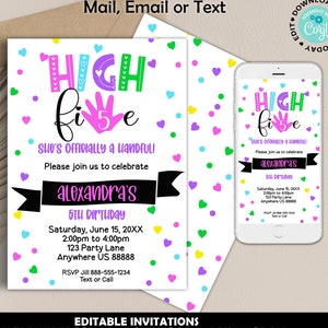 Girls 5th Birthday Invitation, Printable High Five Birthday Party Invitation, Hi 5 Birthday Party Invite, High Five 5th Birthday Party