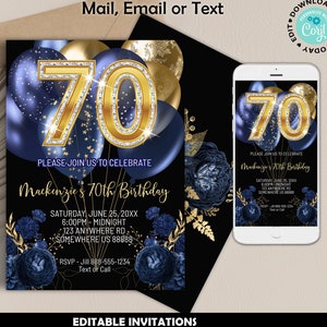 70th Birthday Party Invitation, Blue and Gold 70th Birthday Invitation, Gold and Blue Seventieth Birthday, 70th Blue and Gold Invitation
