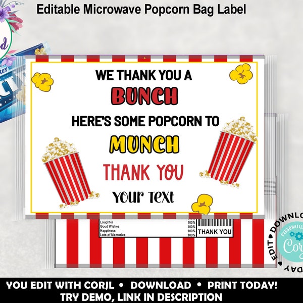 Popcorn Wrapper Template, Printable Thank You Party Favor, Teacher Appreciation Thank You Popcorn Label, Thank You Popcorn Wrapper Template
