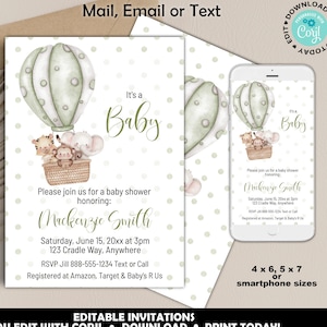 Gender Neutral Baby Shower Invitation, Hot Air Balloon Baby Shower Invite, Jungle Adventure Awaits Baby Shower Invitation, Printable