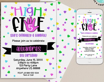 Girls 5th Birthday Party Invitation Printable High Five | Etsy