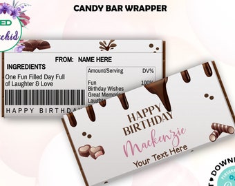 Chocolate Birthday Party Candy Bar Labels, Printable Chocolate Party Candy Bar Wrapper Label, Editable Chocolate Themed Birthday Candy Bar