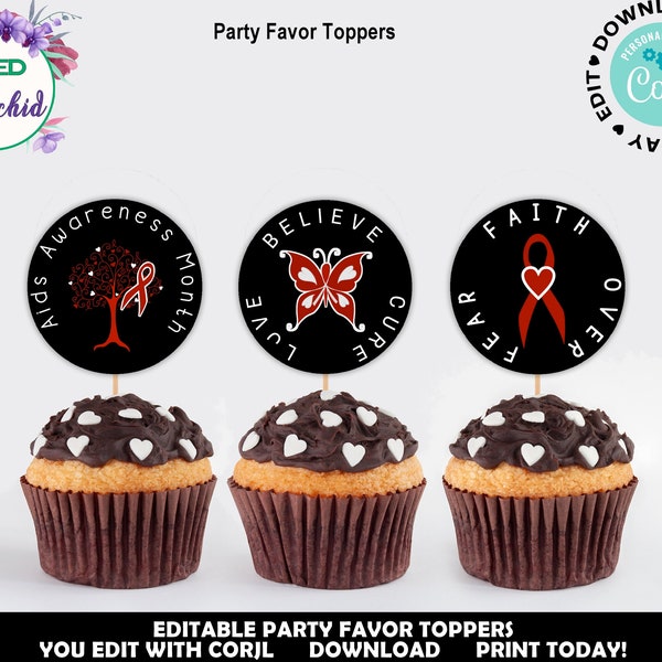 Aids Awareness Cupcake Topper, Printable Aids Survivor Red Ribbon, Aids Survivor Awareness, Red Ribbon Awareness, Personalize, Downloadable