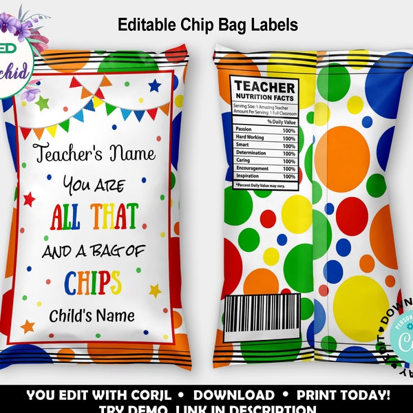 Teacher Appreciation Chip Bag Wrapper, Teacher Appreciation Gift, Teacher Appreciation Party Favor, Printable Teacher Appreciation Thank You