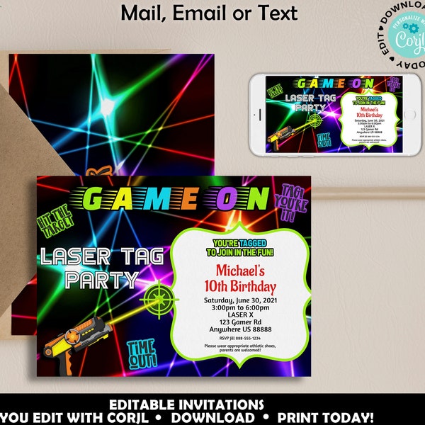 Laser Tag Birthday Party Invitation, Printable Laser Tag Party, Laser Tag Birthday Invitation, Laser Tag Invite, Printable Editable Template