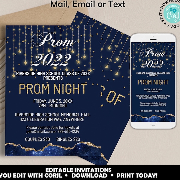 Navy Blue Prom Invite, Prom Invitation, Senior Prom invitation, Junior Prom, A Night Under the Stars Prom, Printable Navy Blue Prom Template