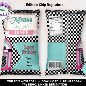 Sock Hop Party Chip Bag Label, Printable 50s Diner Retro Birthday Chip Bag, Editable 50s Sock Hop  Chip Bag, 60s Birthday Party Favors