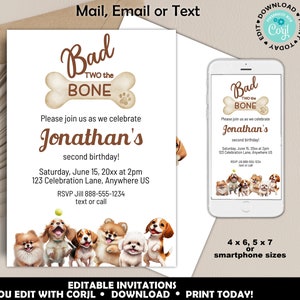 Printable Bad Two the Bone Birthday Invitation, Boys Second Birthday, Puppy Pawty 2nd Birthday, Dog Theme Birthday Invite, Editable