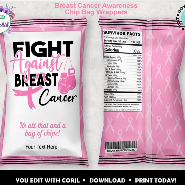 Breast Cancer Awareness Chip Bag Wrap, Pink Breast Cancer Survivor Chip Bag Wrapper, Printable Breast Cancer Survivor Party Favor Wrapper