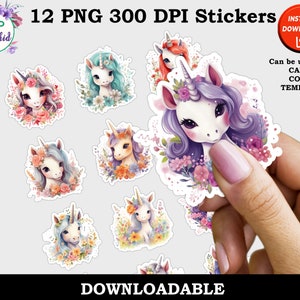 Adorable Unicorn Sticker, Unicorn Print and Cut Digital PNG Sticker Sheets 12 Fun Sticker Designs Cricut Stickers Instant Download Printable