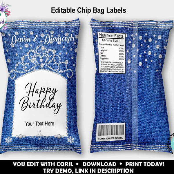 Denim and Diamonds Chip Bag Wrapper, Printable Denim and Diamonds Party Favor, Blue Jeans Chip Bag, Blue Jeans Party Favor, Glam Favor Bag,