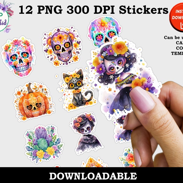 Printable Day of the Dead Stickers, Dia De Los Muertos Print and Cut Digital PNG Sticker Sheet, 12 Different Designs, Instant Download