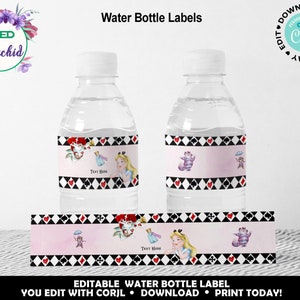 Alice in Wonderland Water Bottle Label, Mad Hatter Tea Party Water Bottle Labels, Printable Alice in Wonderland Party Favor Label