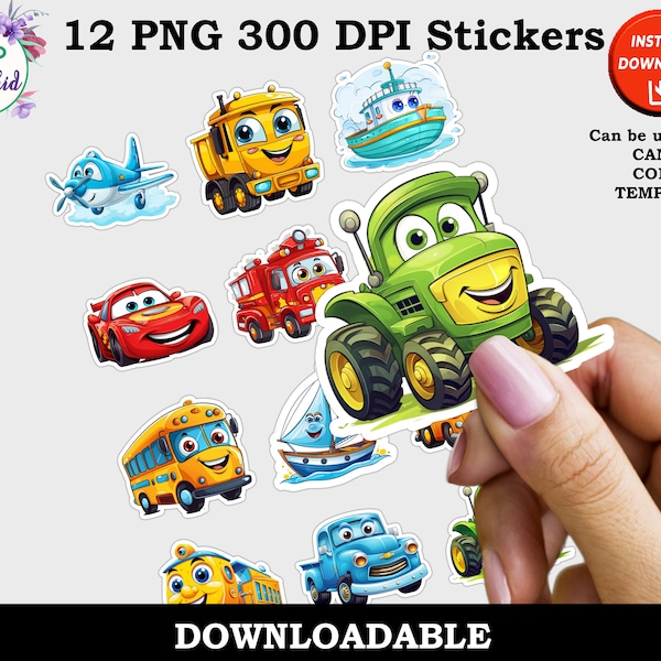 Transportation Stickers, Print and Cut Digital PNG Sticker Sheet, 12 Designs, Cricut Car And Truck Stickers, Instant Download Printable