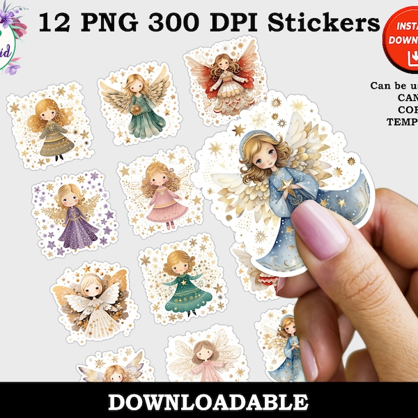 Printable Christmas Angel Stickers, Snow Angel Stickers, Digital PNG Holiday Sticker Sheets, 12 Sticker Designs, Instant Download, Digital