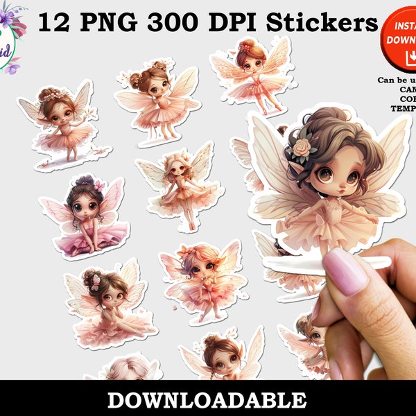Ballerina Fairy Sticker, Print and Cut Digital Fairy Sticker, PNG Sticker Sheet 12 Different Designs, Ballerina Tutu Fairy Sticker Printable