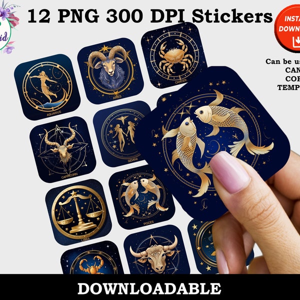 Zodiac Signs Stickers, AI Astrology Signs Print and Cut Digital PNG Sticker Sheets, 12 Different Designs, Instant Download Printable