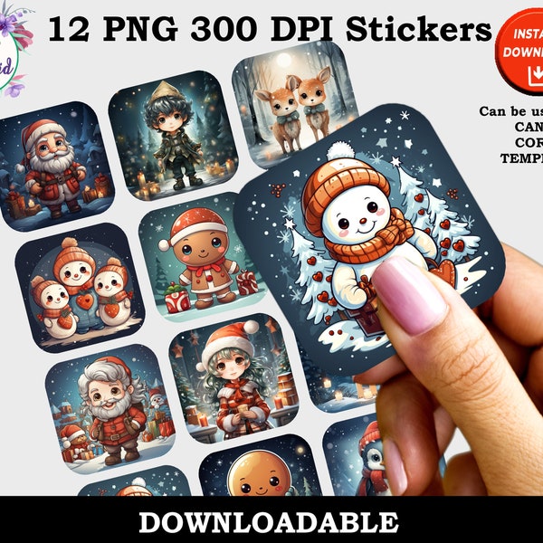 Printable Fun Christmas Stickers, Cute Holiday Stickers, Digital PNG Envelope Sticker Sheet, 12 Sticker Designs, Instant Download, Digital