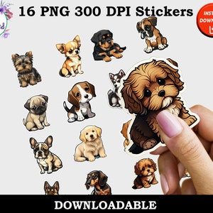 Cute Puppy Print and Cut Digital PNG Sticker Sheets, 16 Different Designs,  16 Various Dog Breeds Sticker Pack Bundles Instant Download