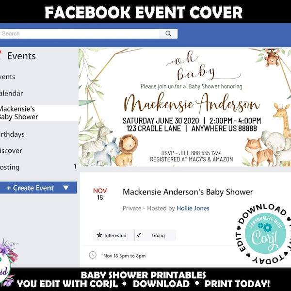 Facebook Safari Baby Shower Event Cover, Jungle Baby Shower Custom Facebook Event Photo Cover, Event Cover, Custom Cover Photo for Facebook