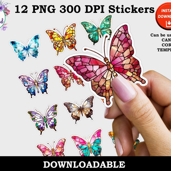 Jeweled Butterfly Print and Cut Digital PNG Sticker Sheet 12 Different Designs Fun Butterfly Sticker Pack Bundle Instant Download Printable